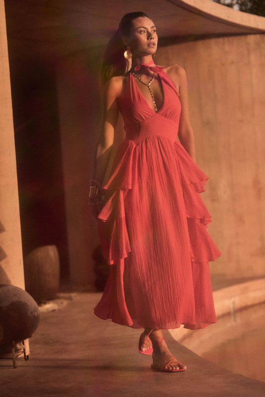 All Aflutter Gauze Tiered Ruffle Halter Maxi Dress