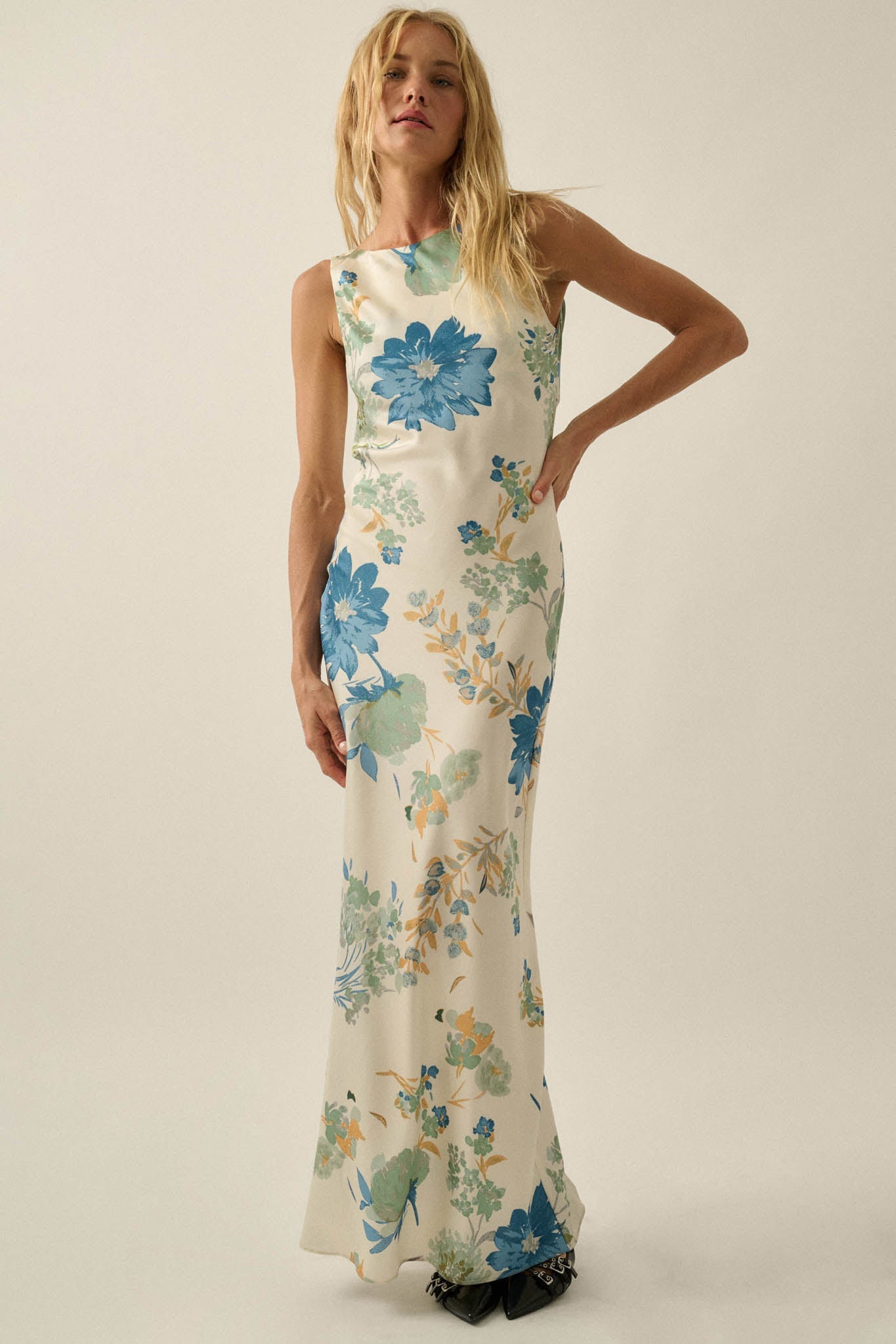 Silky Petals Floral Satin Cowl-Back Maxi Dress