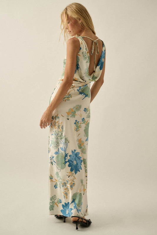 Silky Petals Floral Satin Cowl-Back Maxi Dress