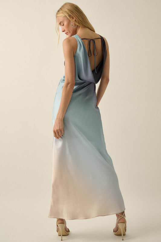 Glow Up Ombre Satin Cowl-Back Maxi Dress
