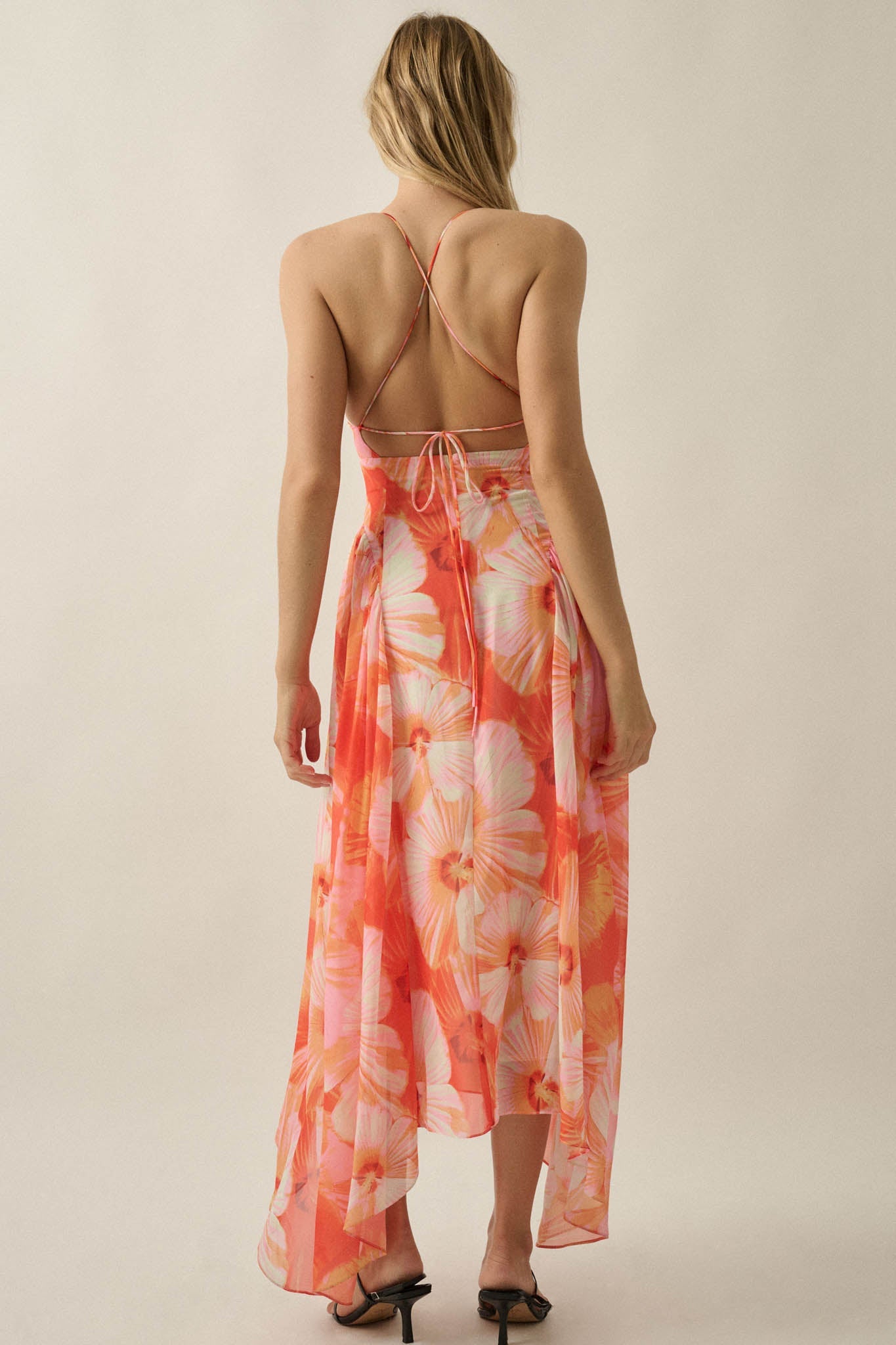 Blooming Isle Floral Chiffon Cross-Back Maxi Dress