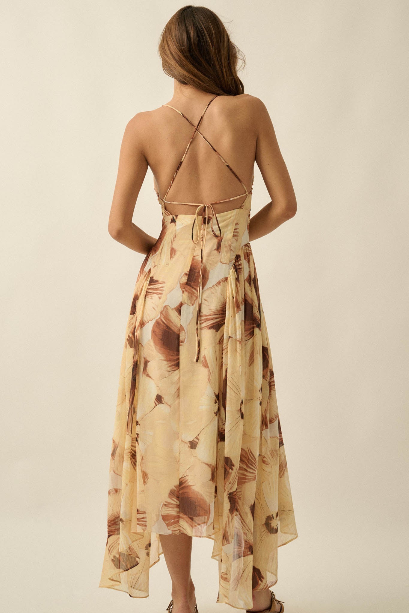 Blooming Isle Floral Chiffon Cross-Back Maxi Dress