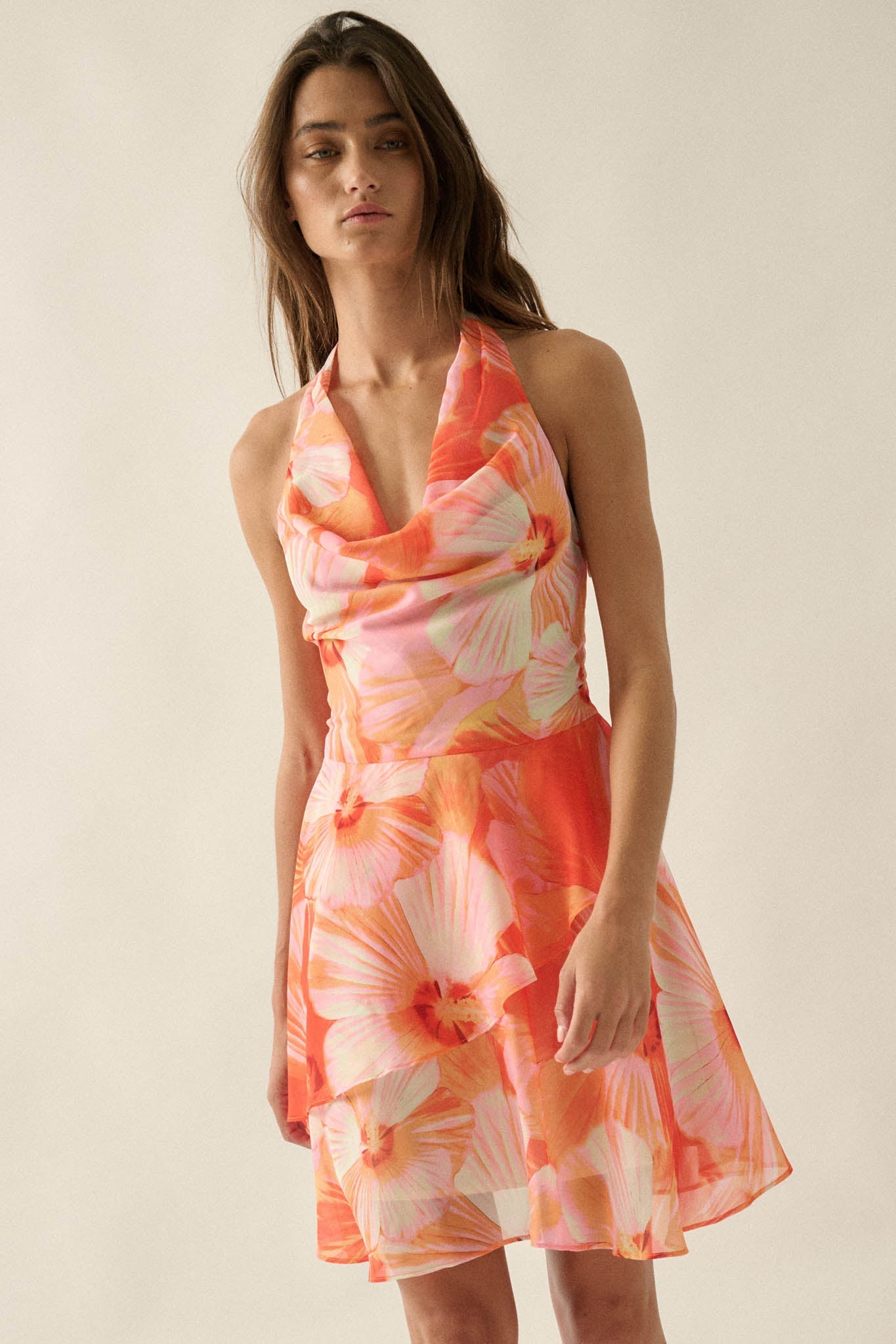 Floral Shores Floral Chiffon Cowl-Neck Mini Dress