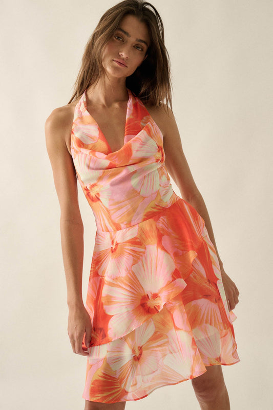 Floral Shores Floral Chiffon Cowl-Neck Mini Dress