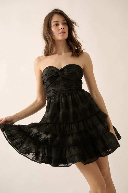 Floral Finesse Ruffled Lace Strapless Mini Dress