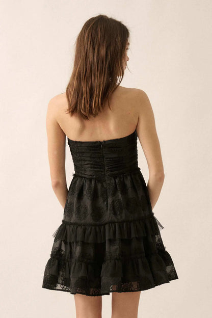 Floral Finesse Ruffled Lace Strapless Mini Dress