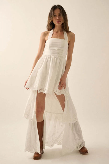 Pure Perfection Eyelet Lace High-Low Maxi Dress