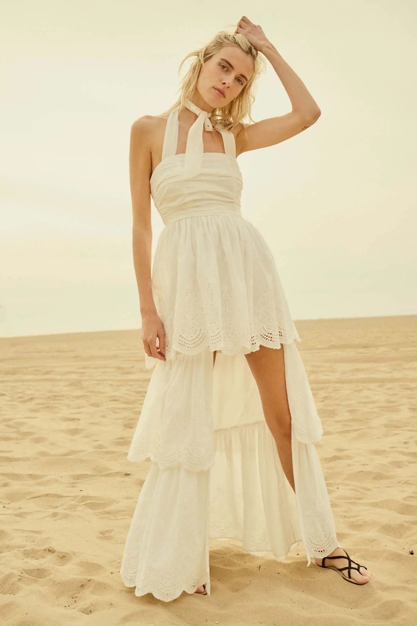 Pure Perfection Eyelet Lace High-Low Maxi Dress