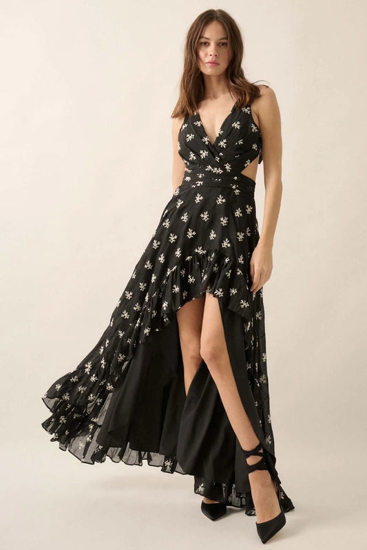 After All Embroidered Tie-Back High-Low Maxi Dress