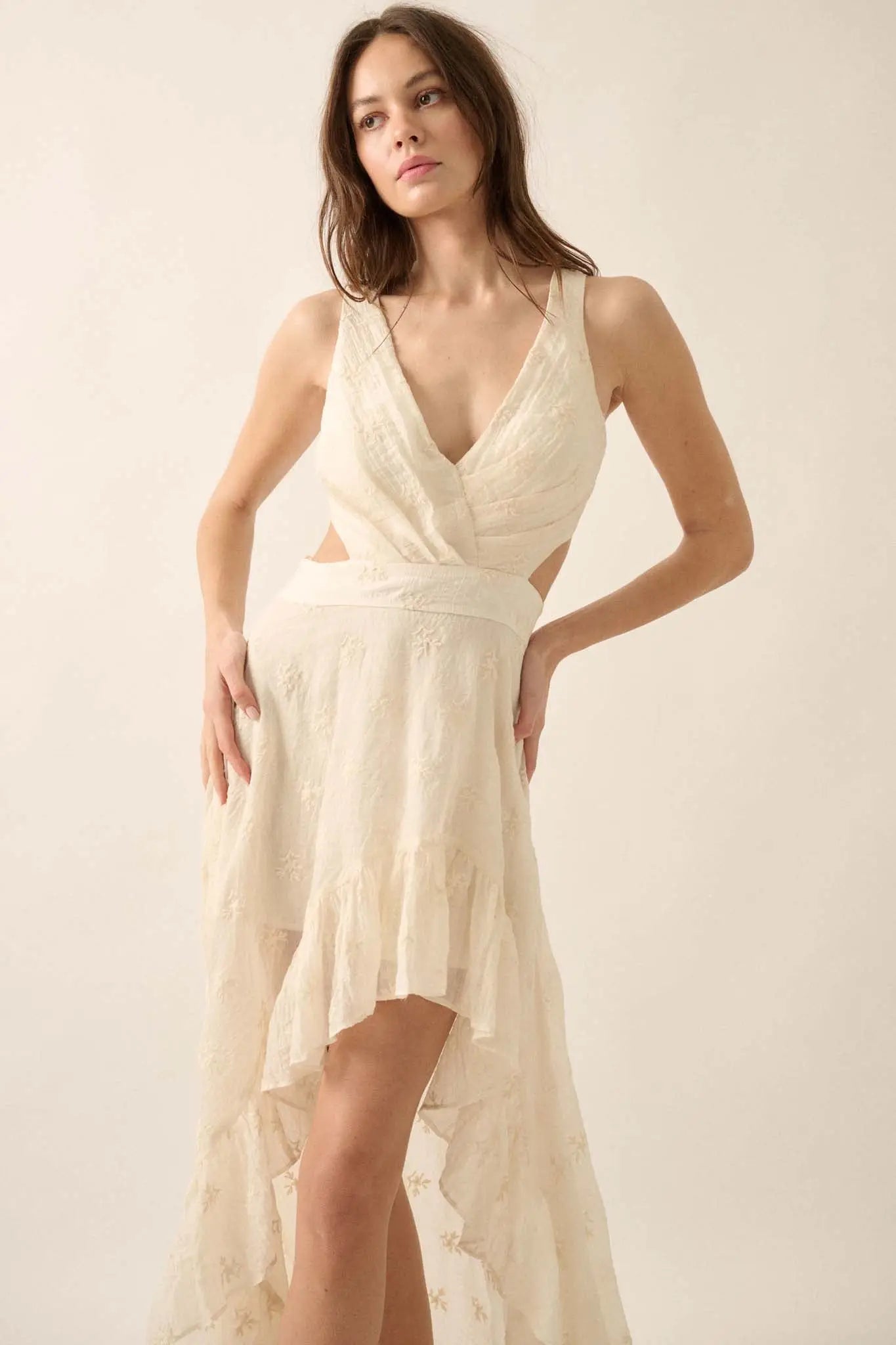 After All Embroidered Tie-Back High-Low Maxi Dress