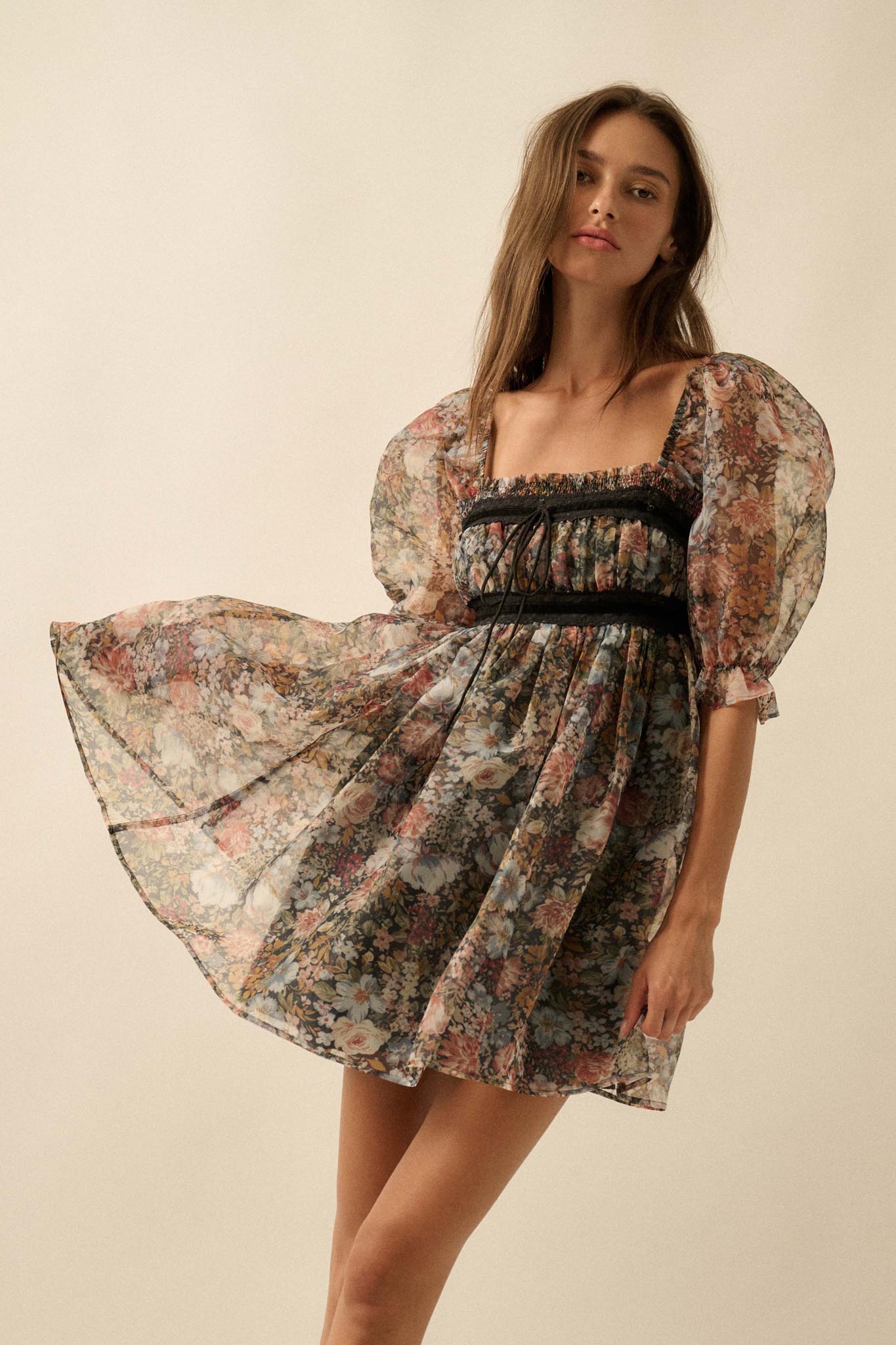 Autumn Meadow Floral Organza Babydoll Mini Dress