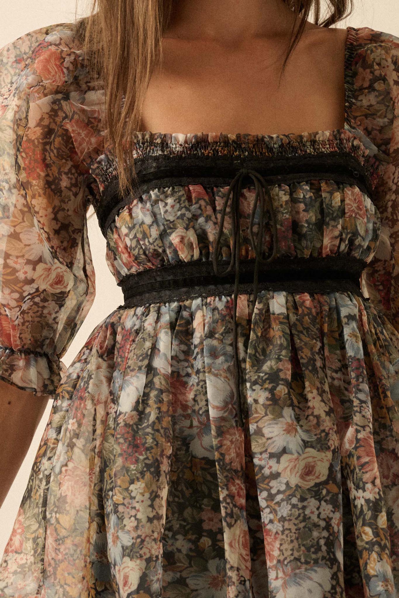 Autumn Meadow Floral Organza Babydoll Mini Dress