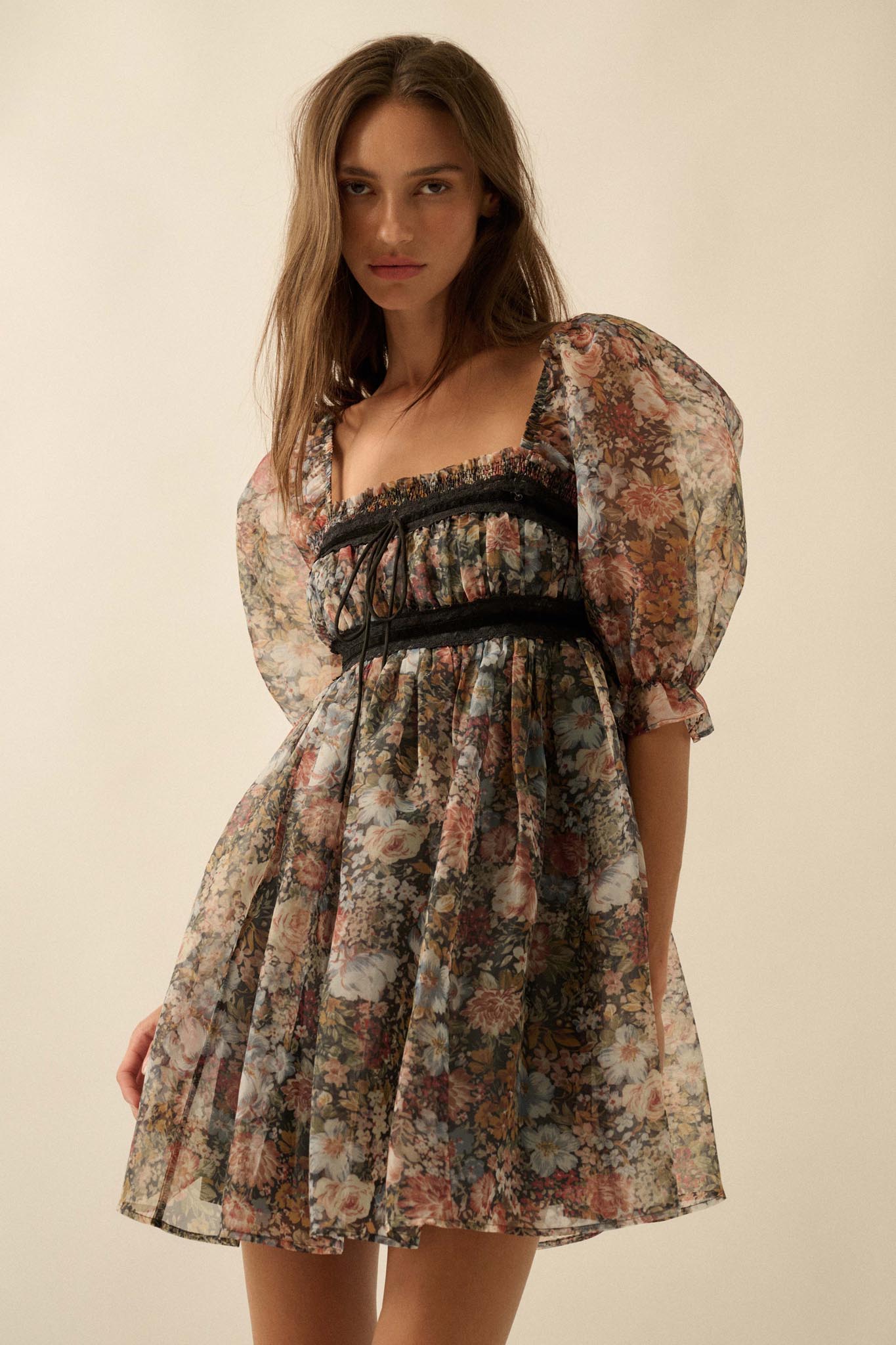 Autumn Meadow Floral Organza Babydoll Mini Dress
