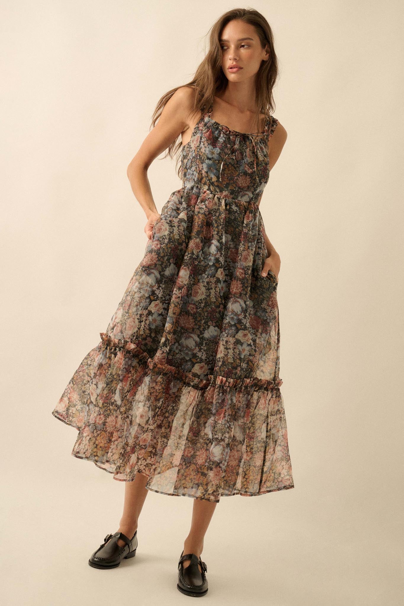 September Blooms Floral Organza Ruffled Maxi Dress