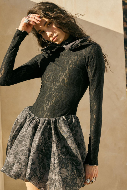 Midnight Romance Lace Mock-Neck Bubble Mini Dress
