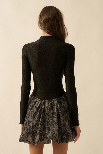 Midnight Romance Lace Mock-Neck Bubble Mini Dress
