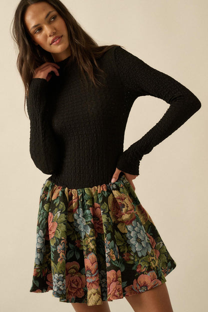 Blooming Brocade Knit and Floral Tapestry Mini Dress
