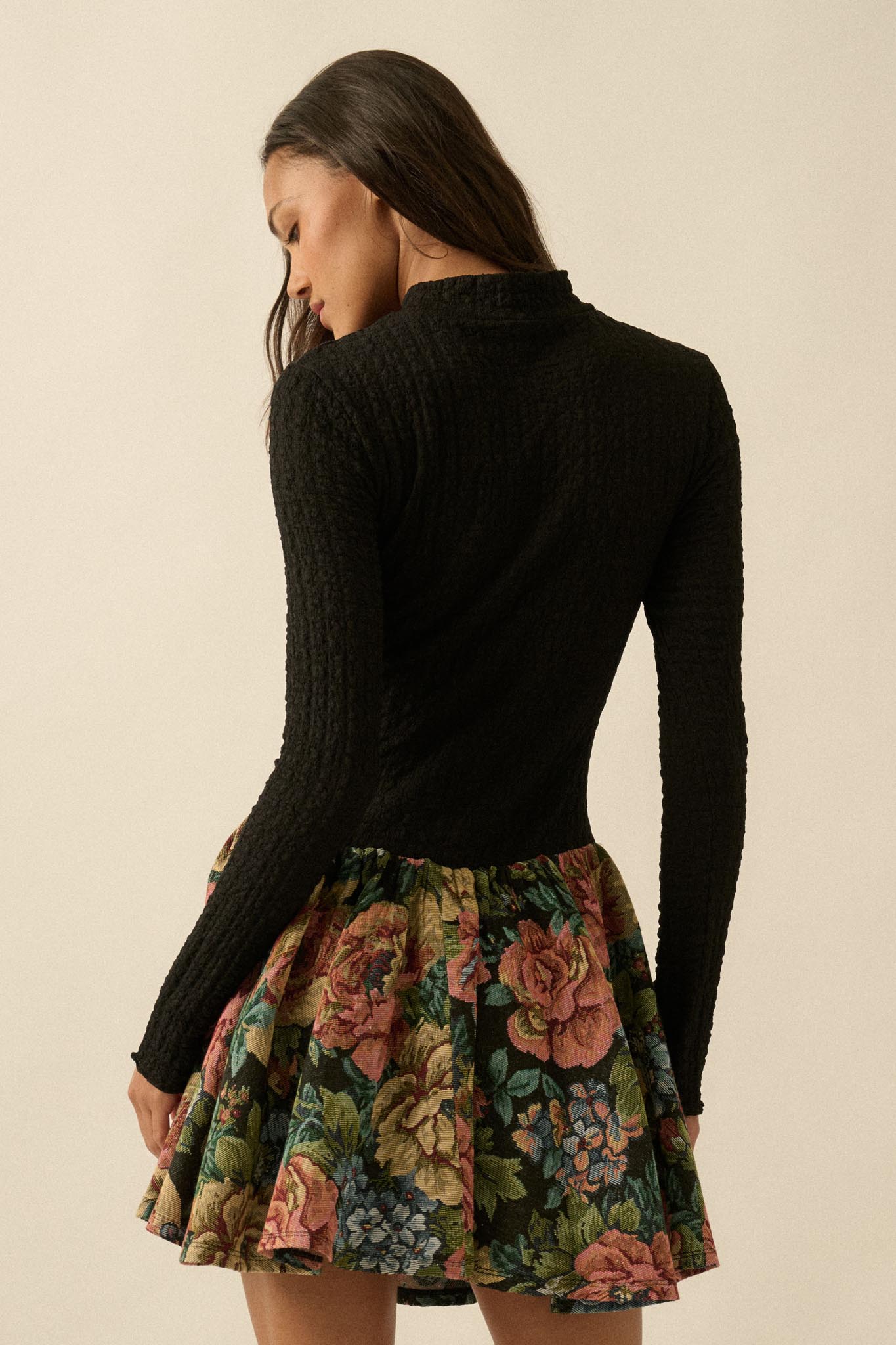 Blooming Brocade Knit and Floral Tapestry Mini Dress