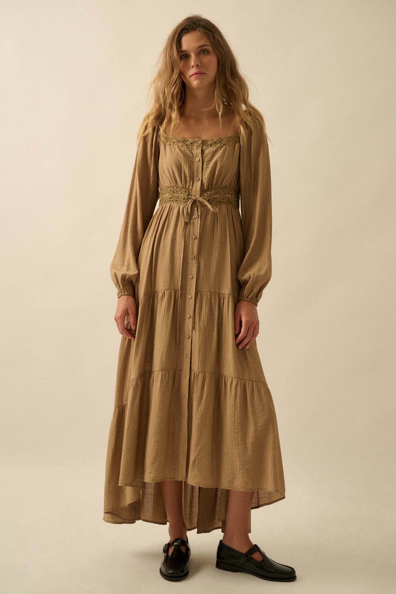 Love Song Striped Button-Front Tiered Maxi Dress