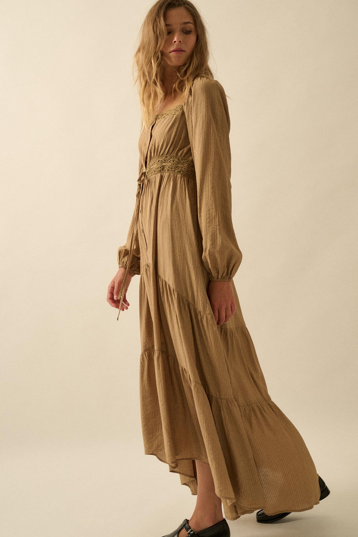 Love Song Striped Button-Front Tiered Maxi Dress