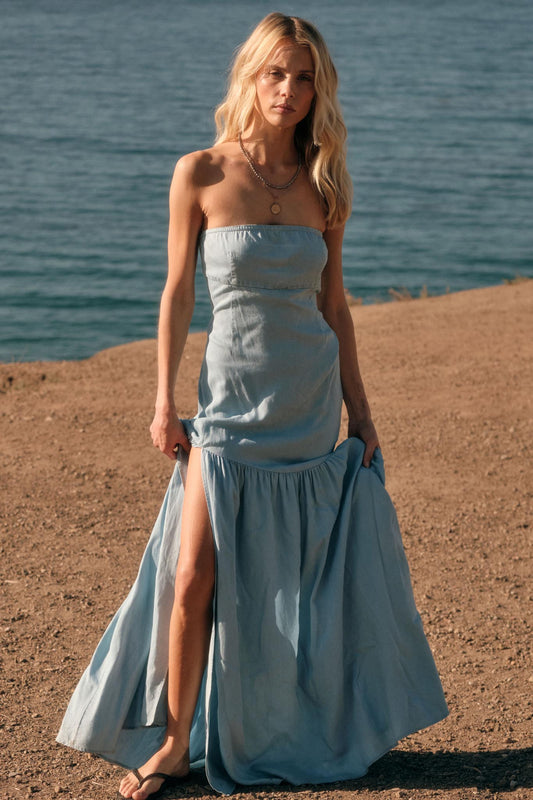 Blue Angel Strapless Denim Drop-Waist Maxi Dress