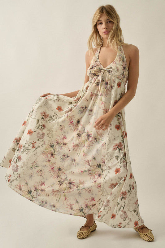 Bouquet by Me Floral-Print Smocked Halter Maxi Dress