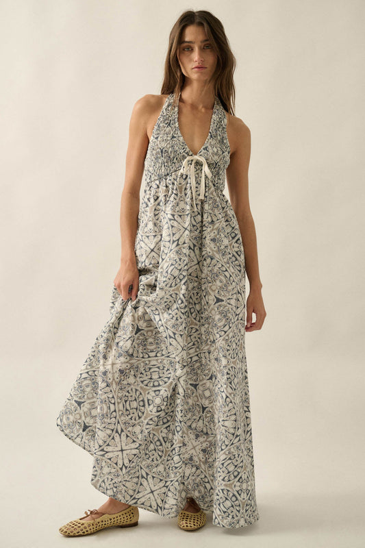 Lost Lands Abstract-Print Smocked Halter Maxi Dress