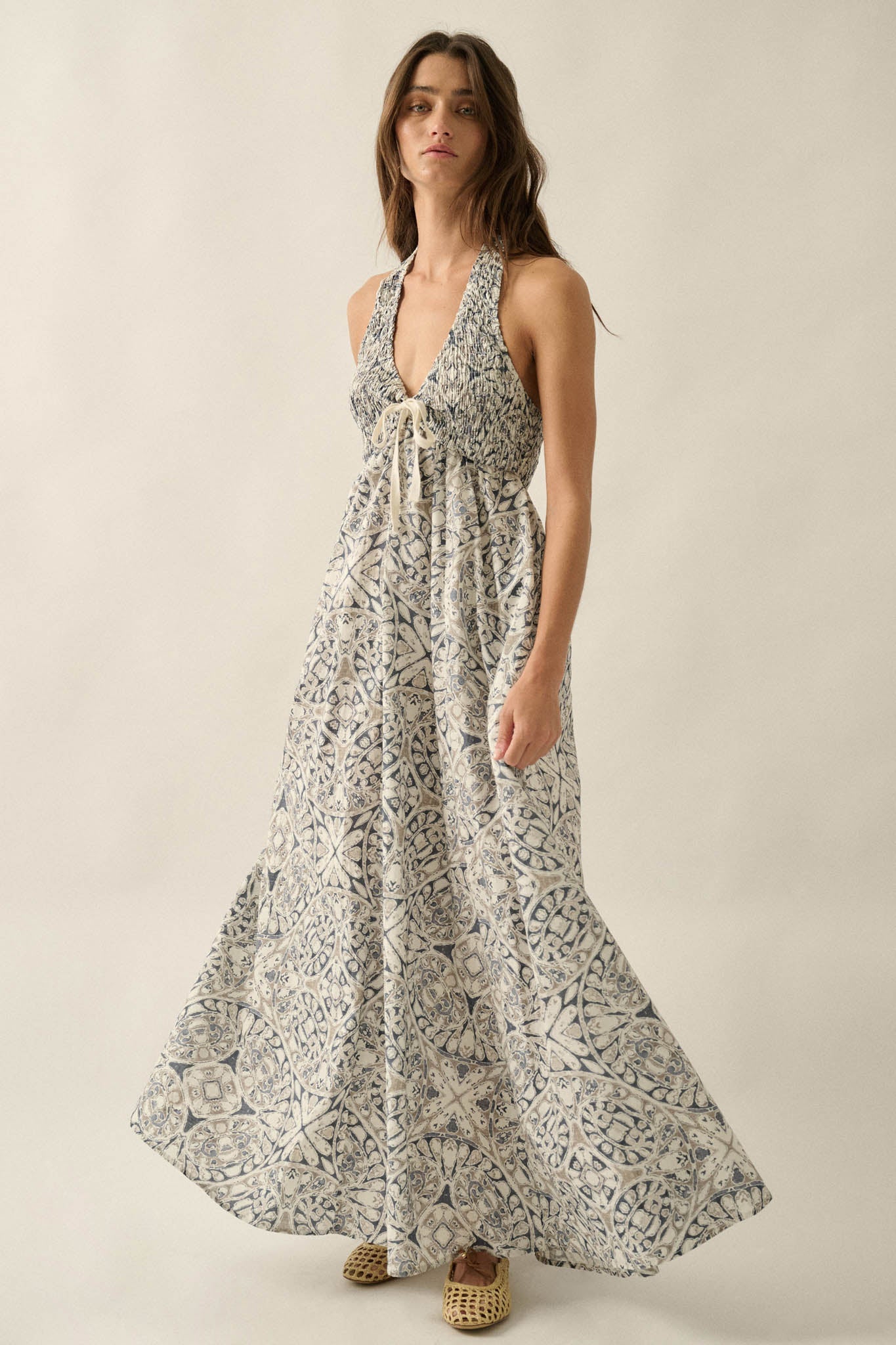 Lost Lands Abstract-Print Smocked Halter Maxi Dress