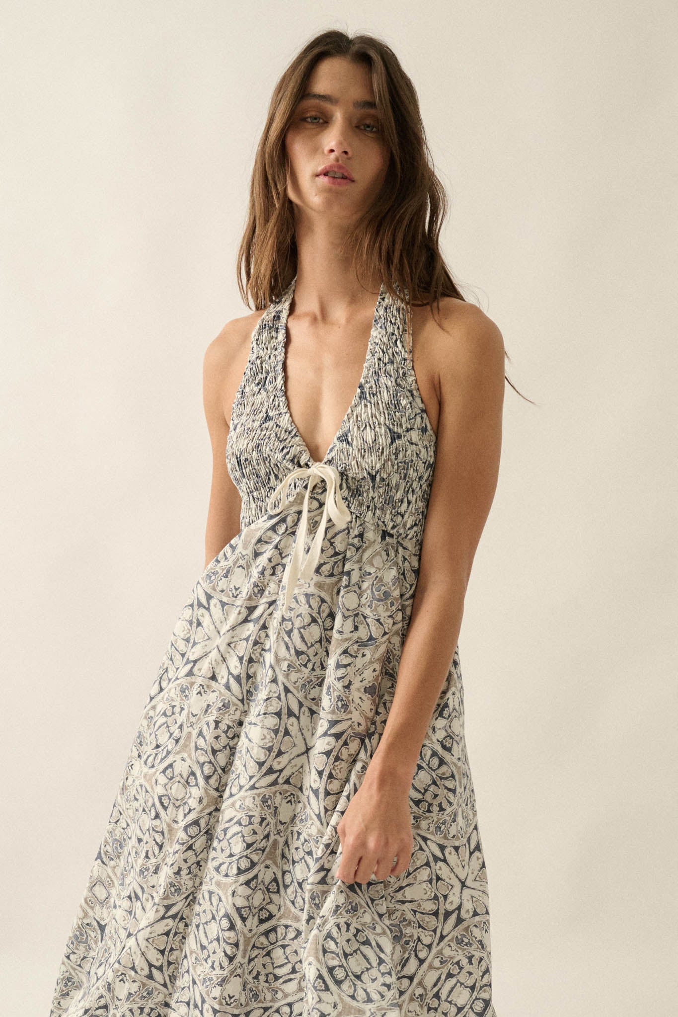 Lost Lands Abstract-Print Smocked Halter Maxi Dress