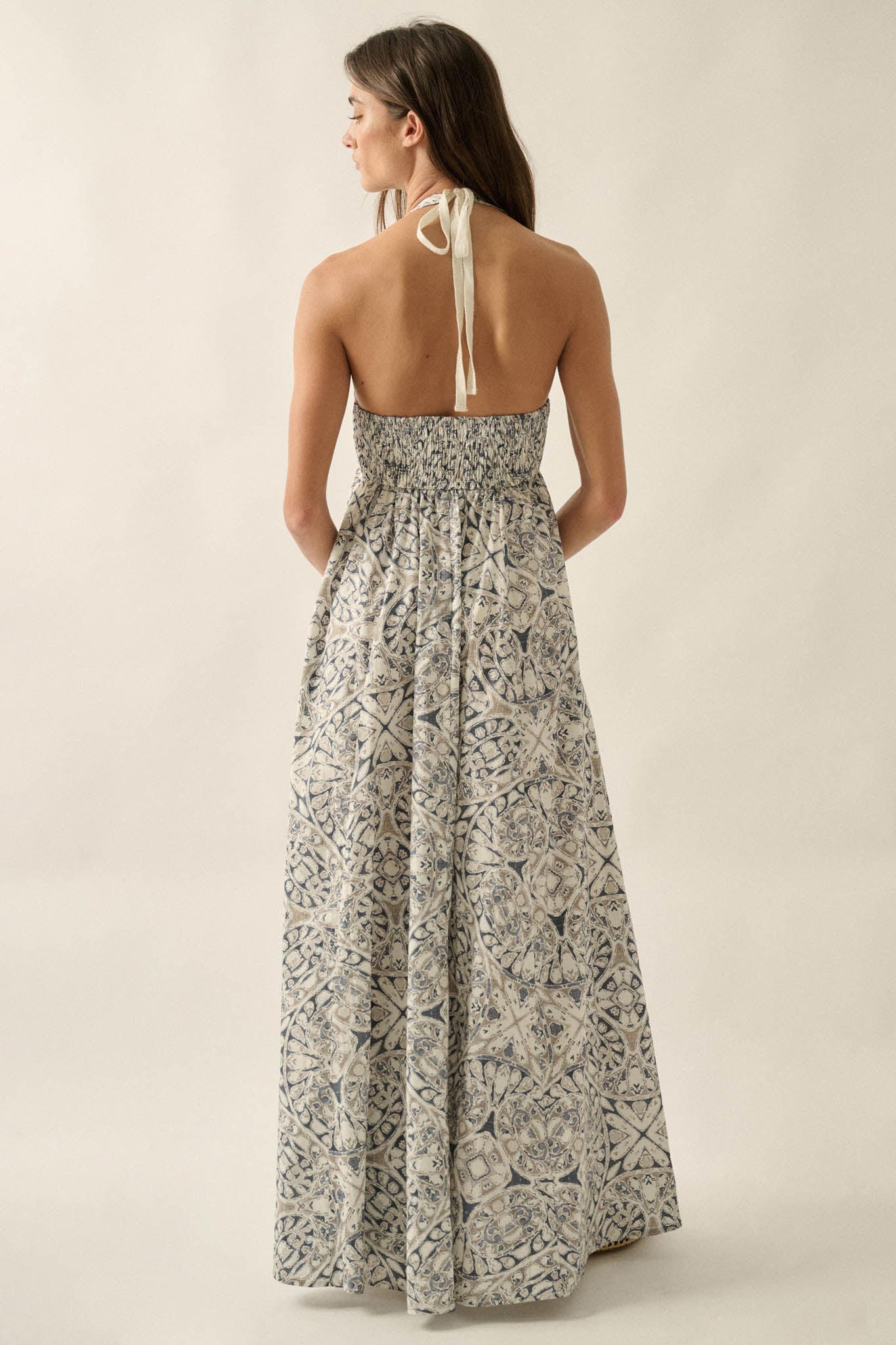 Lost Lands Abstract-Print Smocked Halter Maxi Dress