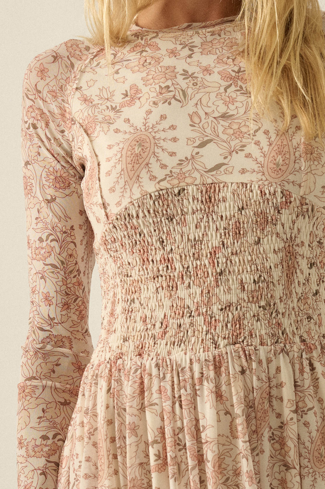 Fantasy World Paisley Mesh Smocked Midi Dress