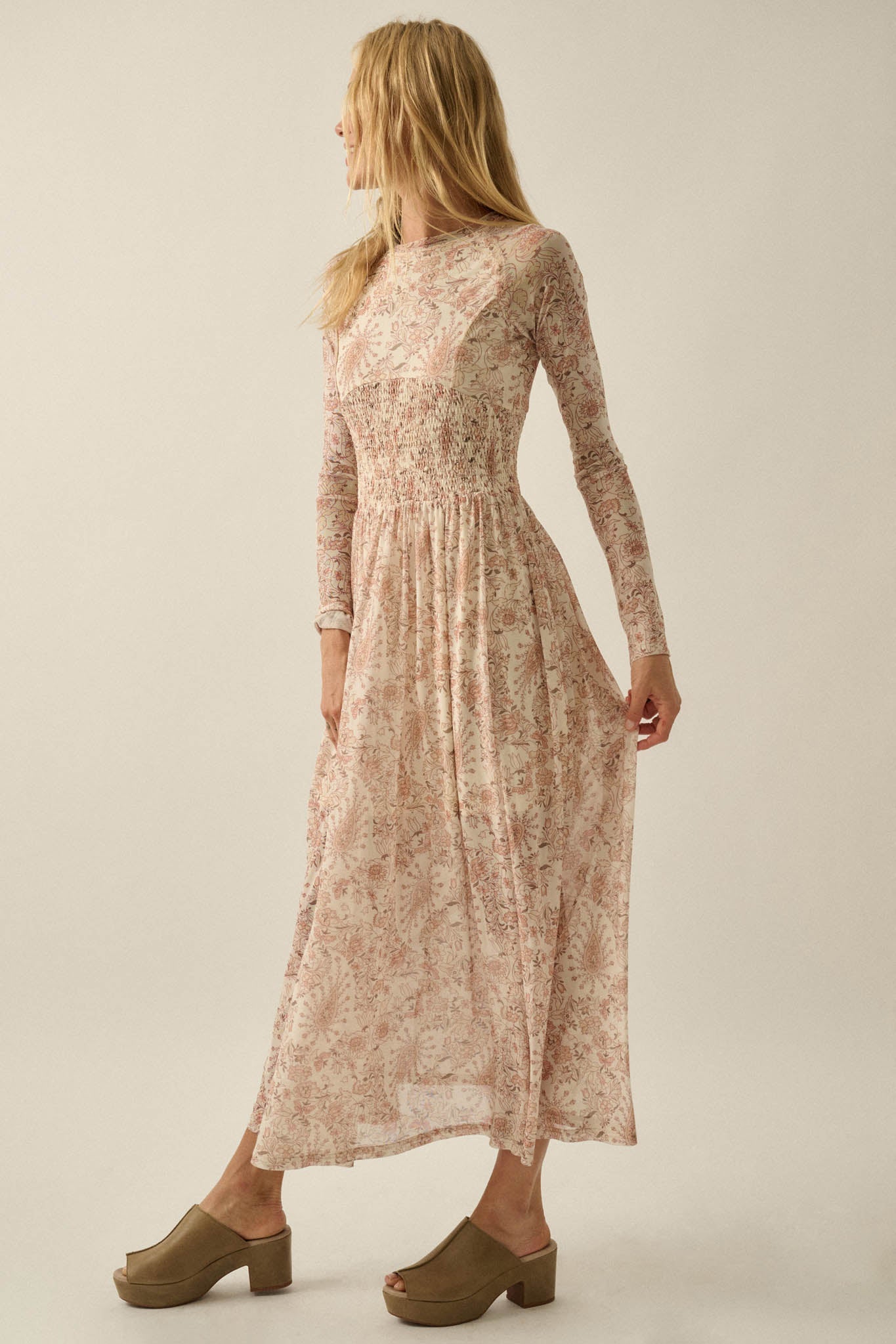 Fantasy World Paisley Mesh Smocked Midi Dress