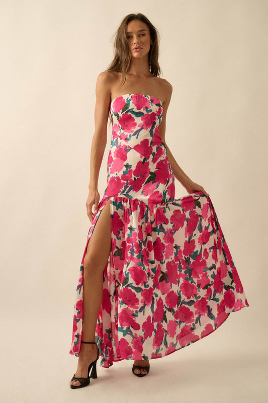 Painted Garden Floral Crepe Strapless Maxi Dress