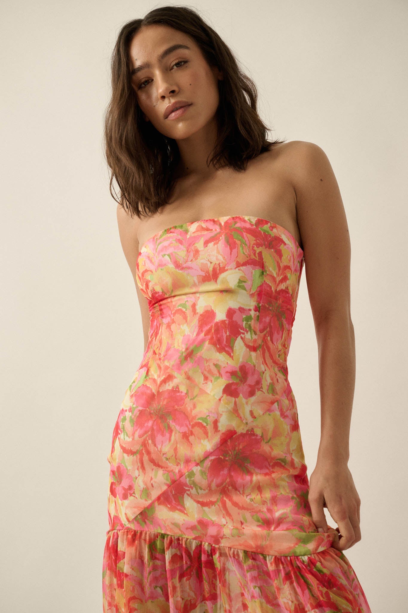 Citrine Garden Floral Chiffon Strapless Maxi Dress