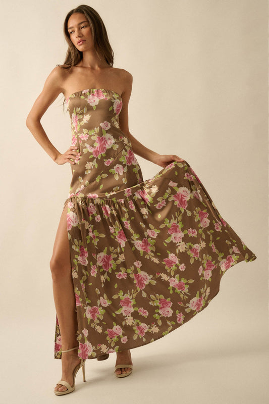 Rose Garden Floral-Print Satin Strapless Maxi Dress
