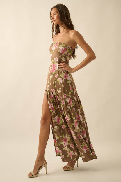 Rose Garden Floral-Print Satin Strapless Maxi Dress