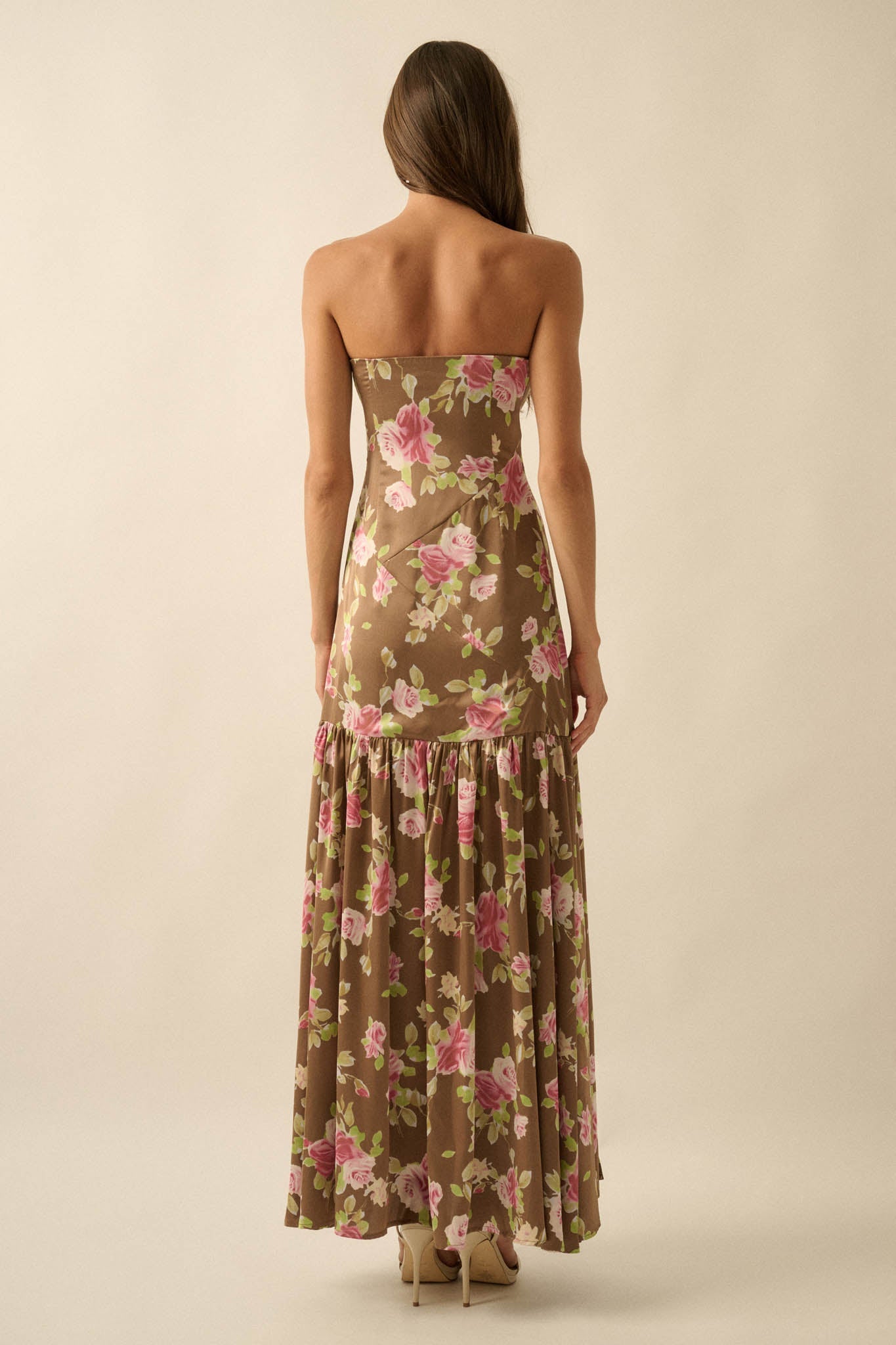 Rose Garden Floral-Print Satin Strapless Maxi Dress