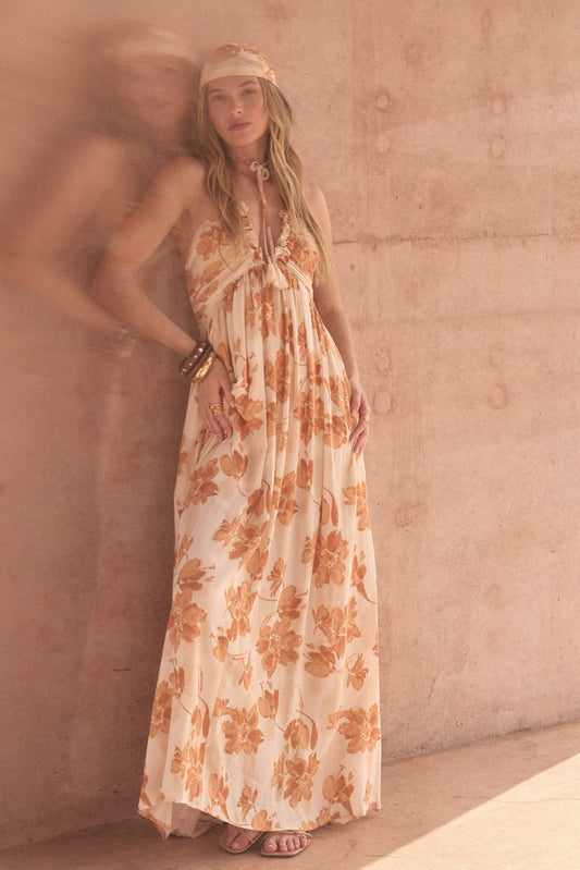 Golden Blooms Floral Tie-Back Halter Maxi Dress