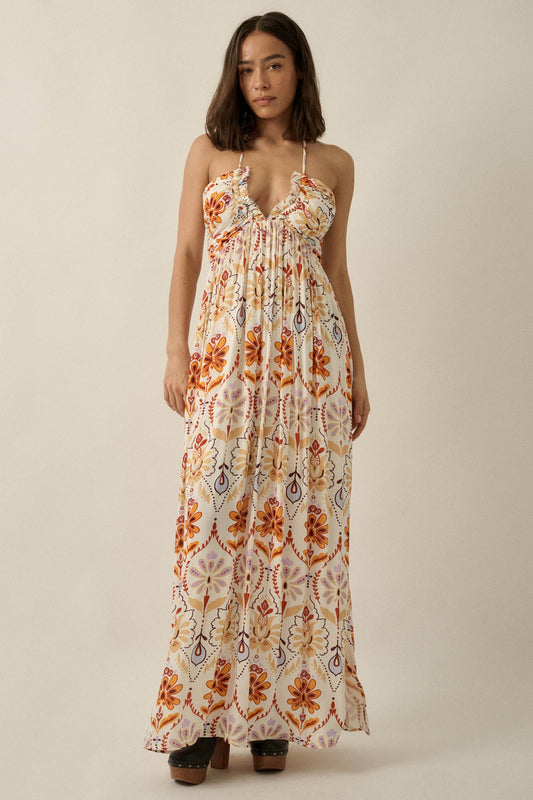 Rare Blooms Floral Medallion-Print Halter Maxi Dress