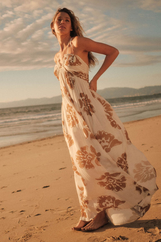 Golden Magnolia Floral Tie-Back Halter Maxi Dress