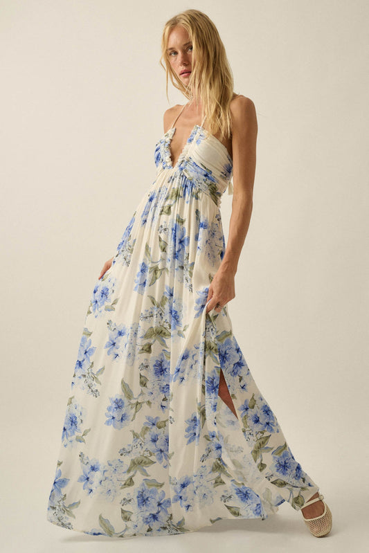 Blooming Elegance Floral Tie-Back Halter Maxi Dress