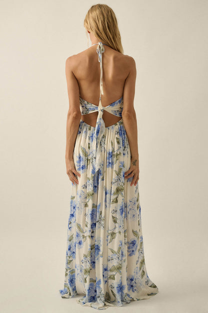 Blooming Elegance Floral Tie-Back Halter Maxi Dress