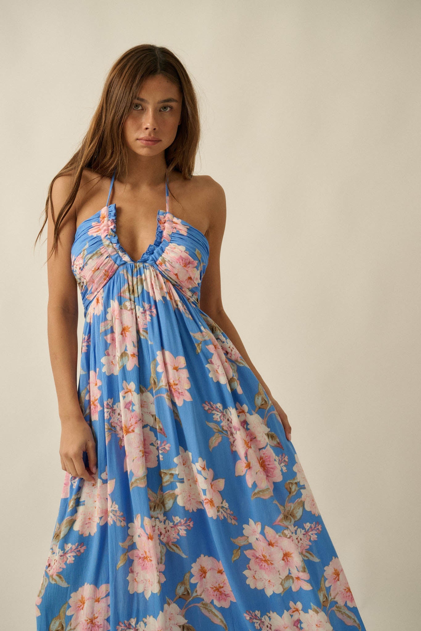 Blooming Elegance Floral Tie-Back Halter Maxi Dress