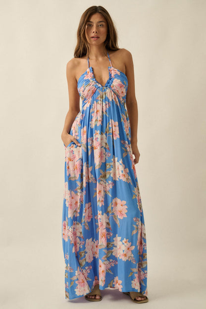 Blooming Elegance Floral Tie-Back Halter Maxi Dress