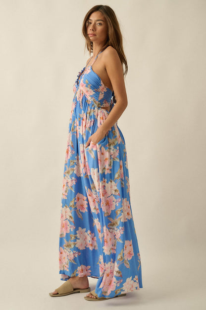 Blooming Elegance Floral Tie-Back Halter Maxi Dress
