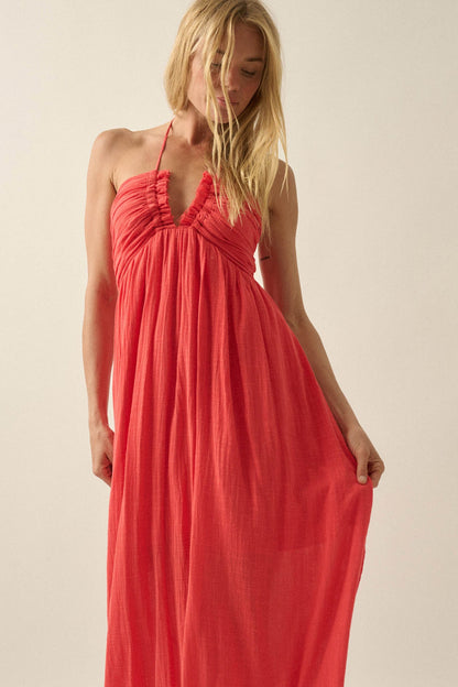 Forever Free Cotton Gauze Tie-Back Halter Maxi Dress