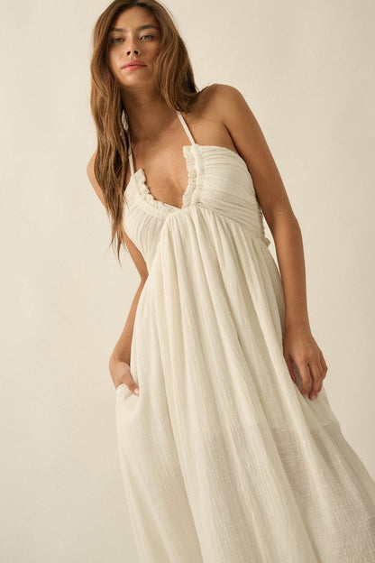 Forever Free Cotton Gauze Tie-Back Halter Maxi Dress