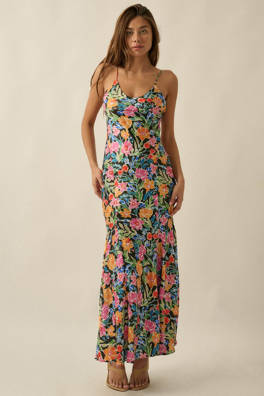 Brightly Blooming Floral Satin Cami Maxi Dress