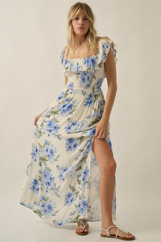 Elegant Garden Floral Smocked Off-Shoulder Maxi Dress