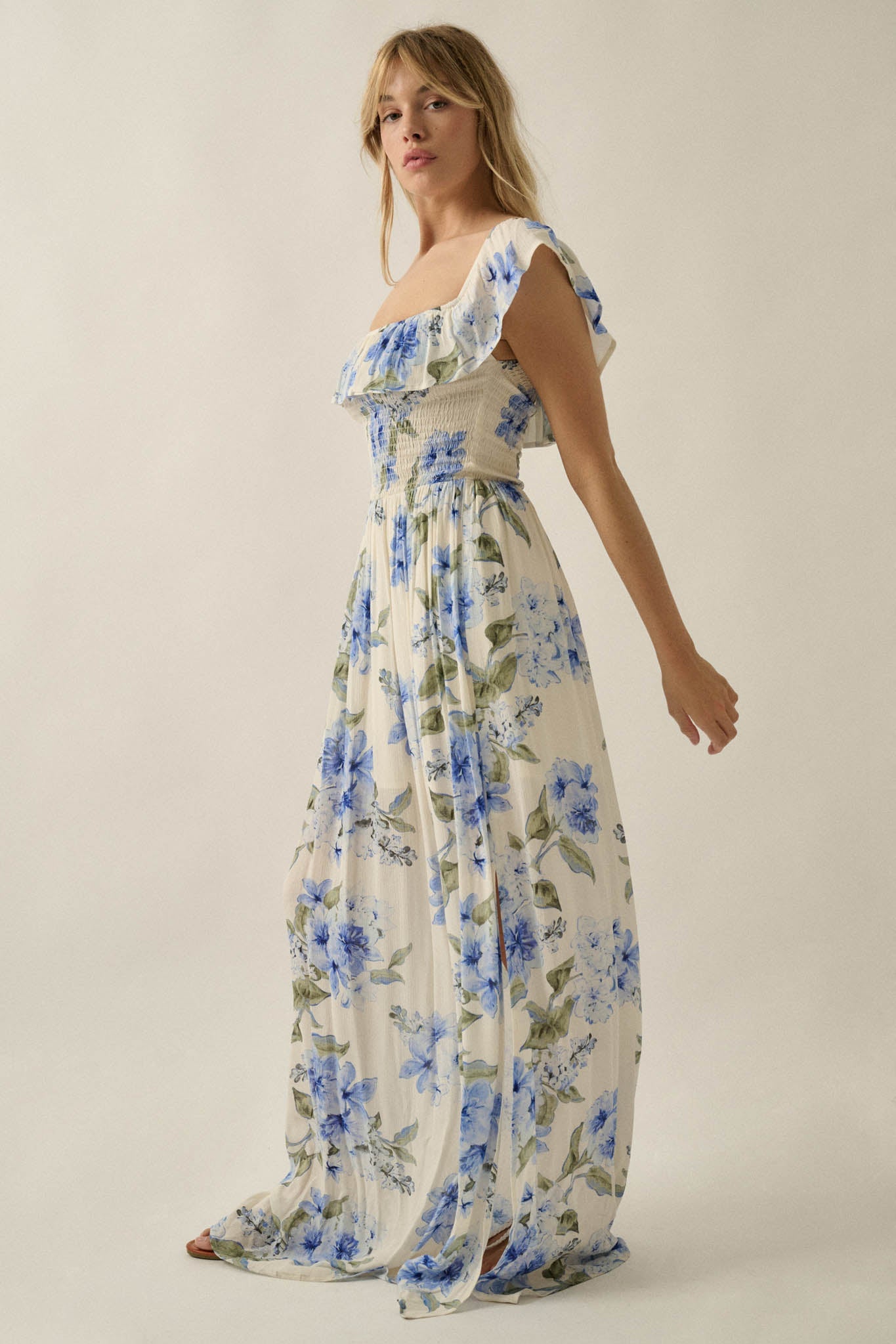 Elegant Garden Floral Smocked Off-Shoulder Maxi Dress